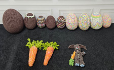 Vintage Hand Beaded Wood Easter Egg Lot Seed Bead Wrapped Bunny Pin Carrots picture