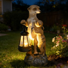 Meerkat Mother & Baby Solar Garden Statue Outdoor Decor Resin Figurine with Lant picture