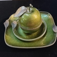 Evans Vintage Hand Enameled Apple Green Butane Lighter & Matching Trays 3pc Set picture