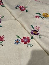 Vintage Linen Embroidered Reversible Tablecloth Scalloped Edge 57 x 58.5 picture
