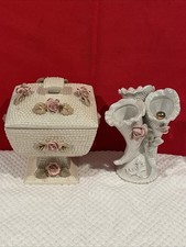 Vtg 1950s Thames Japan Porcelain Vanity Set Hobnail Candy Dish & Cornucopia Vase picture