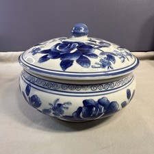 Vintage Asian Lidded Serving Bowl Blue and White Chinoiserie Porcelain Tureen picture