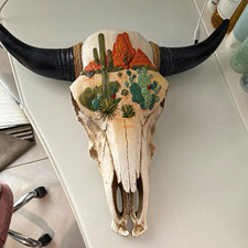 Painted Longhorn Bull/Steer Skull Wall Decor w/ Horns Desert Cactus Scene picture