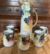 Antique J.P.L. France Jean Pouyat Limoges Hand Painted Grape Pitcher 5 Cups Set picture