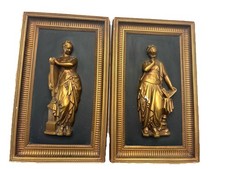 Antique Vintage Framed Greek Woman Sculpture two piece wall art Gold Heavy Rare picture