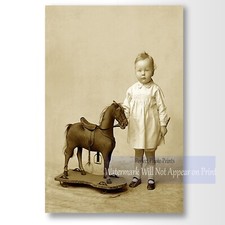Antique Photo Print of Young Child with Toy Horse Pull Toy, Victorian Era picture
