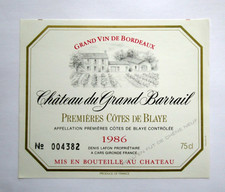 Vintage Chateau du Grand Barrail Vintage French Bordeaux Wine Label Collectible picture