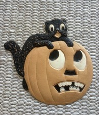 Vintage Made in Germany Halloween Black Cat Jack O Lantern Embossed Wall Decor picture