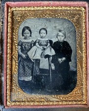 Antique Ambrotype B&W Portrait Photograph of Three Children in 6th Plate Case picture