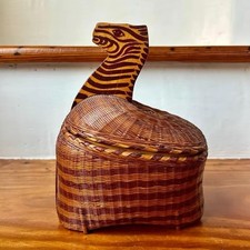 Vintage Zebra Wicker Basket Shanghai Handicrafts Two Toned Animal Rattan Box picture