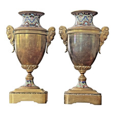 Antique Pair of Neoclassical Bronze & Cloisonné Mantel Urns or Vases picture