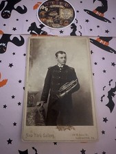 Rare  Antique Photo Band Musician w/ Horn Instrument Cabinet Card  NY picture
