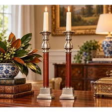 Vintage Leather & Pewter Candlesticks – 14” Tall – Pair picture