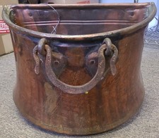 Vintage Hammered Copper Pot Planter Jardiniere w Iron Handles Rustic Decor picture