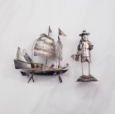 Vintage Miniature Chinese Export Silver Sail Boat 29.86g & Man Figurine 14.06g picture