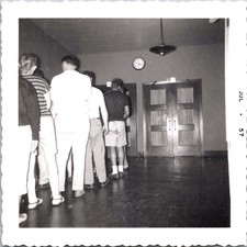 Young Men in Queue Inside Hall, 1957 Vintage B&W Snapshot Photo picture