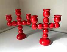 Vtg Set Scandi Swedish Red Laquer Wood  Candelabra Spindle Candle Holders picture
