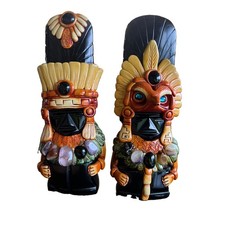 Vintage Mexican Carved Black Obsidian Aztec Mayan Statue Pair Inlay Totem 9.5