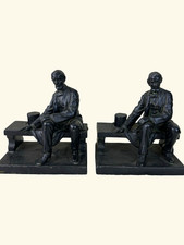 Vintage Pair of Coated Brass Heavy President Abraham Lincoln on Bench Bookends  picture