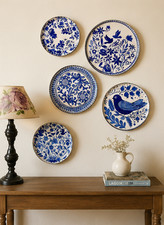 Blue and White Decorative Wall Plates Set of 5, Vintage Botanical & Bird Ceramic picture