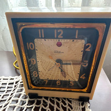Telechron 1930’s art deco alarm clock Square Gold/Black Arabic Numerals picture