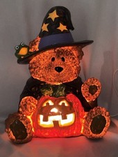 Halloween Lighted Resin Bear with Witch Hat Frog Jack-O-Lantern Pumpkin Vintage picture