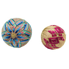 2 Vtg Japanese TEMARI Balls 3in 2in Blue Pink Thread Embroidery Folk Art Decor picture