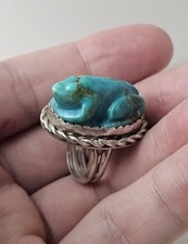  ZUNI Rare Carved Blue Turquoise Native FROG FETISH Sterling Silver RING Size 5  picture