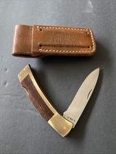 Vintage Gerber Folding Sportsman II Lockback Knife Brass & Wood Leather Case picture