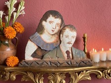 Mexican Folk Art Carved Wood Couple Portrait Hand Painted 1940s 11 in picture