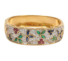 Diamond,Ruby,Emerald Sapphire Wide Hinged Bangle Bracelet 14k Yellow Gold Plated picture