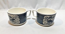 Set of 2 Currier and Ives Blue Horse & Buggy Coffee Mugs 2 ¾” x 3 ¾” Rim picture