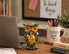 Vintage Mosaic Style Owl Figurine Colorful Resin Sculpture Hand Painted picture