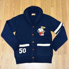 PEANUTS Snoopy Knit Cardigan Navy Embroidered Familiar Medium Try On Only #1553 picture