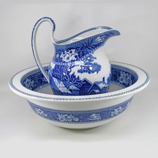 Vtg Wedgwood Fallow Deer Blue White Transferware Wash Basin Bowl Pitcher Rare picture