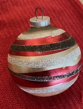 Glass Christmas Tree Ornament West Germany Glitter Red Striped Unique Vintage picture
