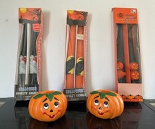 Vtg 1986 Geo Z Lefton Halloween Pumpkin Jack-O-Lantern Candle Holders & Candles picture