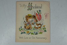 Vintage Husband Anniversary MCM Greeting Card Anthropomorphic Bears Butterfly picture