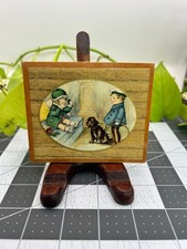 Vintage Miniature Victorian Style Art on Wood Block Sailor Boy Girl Dog 4x3.5 picture