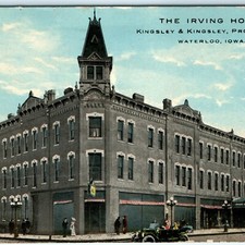 c1910s Waterloo, IA Irving Hotel Postcard Kingsley Proprietors Car Street View picture