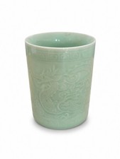 Vintage Asian Chinese Celadon Green  Brush Pot Cylindrical Vase Dragon  5.25” picture