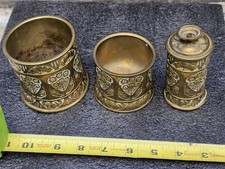 Suggested Title:Vintage Art Nouveau Brass Desk Set 3 Pc Floral Embossed Pen Cup picture