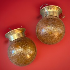 Pair Vintage Mid Century Ceiling Lights. Amber Crackle Glass Globes. 7” Diam. picture