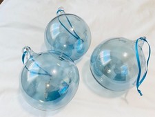 Set of 3 POTTERY BARN CHRISTMAS ORNAMENTS Blown Glass Blue Jumbo picture