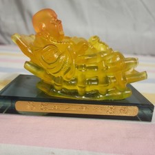 Rare Chinese Golden Amber-Color Reclining Laughing Buddha Hotei Figurine w/ Base picture