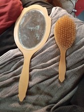 VINTAGE CELLULOID HAND MIRROR AND HAIR BRUSH BAKELITE? picture