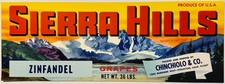1980s Sierra Hills Zinfandel Grape Crate Label Stockton CA NOS picture