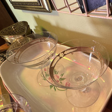 Vintage Set of 4 Silver Crest Coupe Cocktail Glasses Etched Leaf & Berry Barware picture
