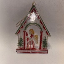 Vintage Angel in Christmas House Holding a Candle Hard Plastic Ornament 4