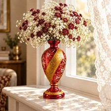 Late Moser 19TH-CENTURY Bohemian Gilded Cranberry Glass Vase with Gold Leaf 7.5” picture